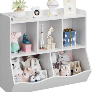 SUNNYFURN Kids 2-Tier Toy Storage Organizer Bookshelf - 5 Compartment Bookshelf & Toy Shelf for Kids' Room, Bedroom, Living Room, and Kindergarten - for Toys and Books White