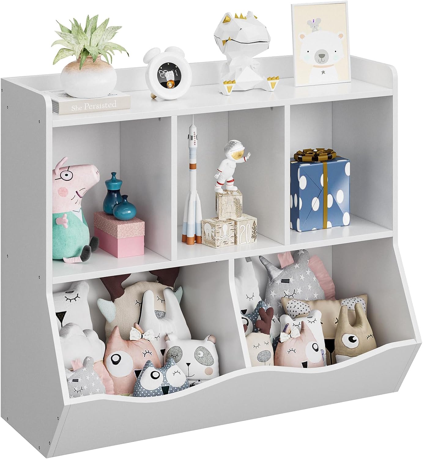 SUNNYFURN Kids 2-Tier Toy Storage Organizer Bookshelf - 5 Compartment Bookshelf & Toy Shelf for Kids' Room, Bedroom, Living Room, and Kindergarten - for Toys and Books White