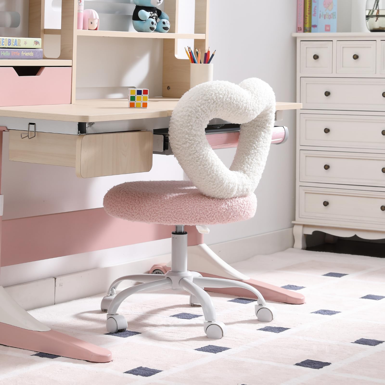 DUOMAY Faux Fur Kids Desk Chair, Heart Back Upholstered Computer Chair for Boys and Girls Cute Swivel Height Adjsutable Study Arm Chair for Child Home Bedroom, Pink & White