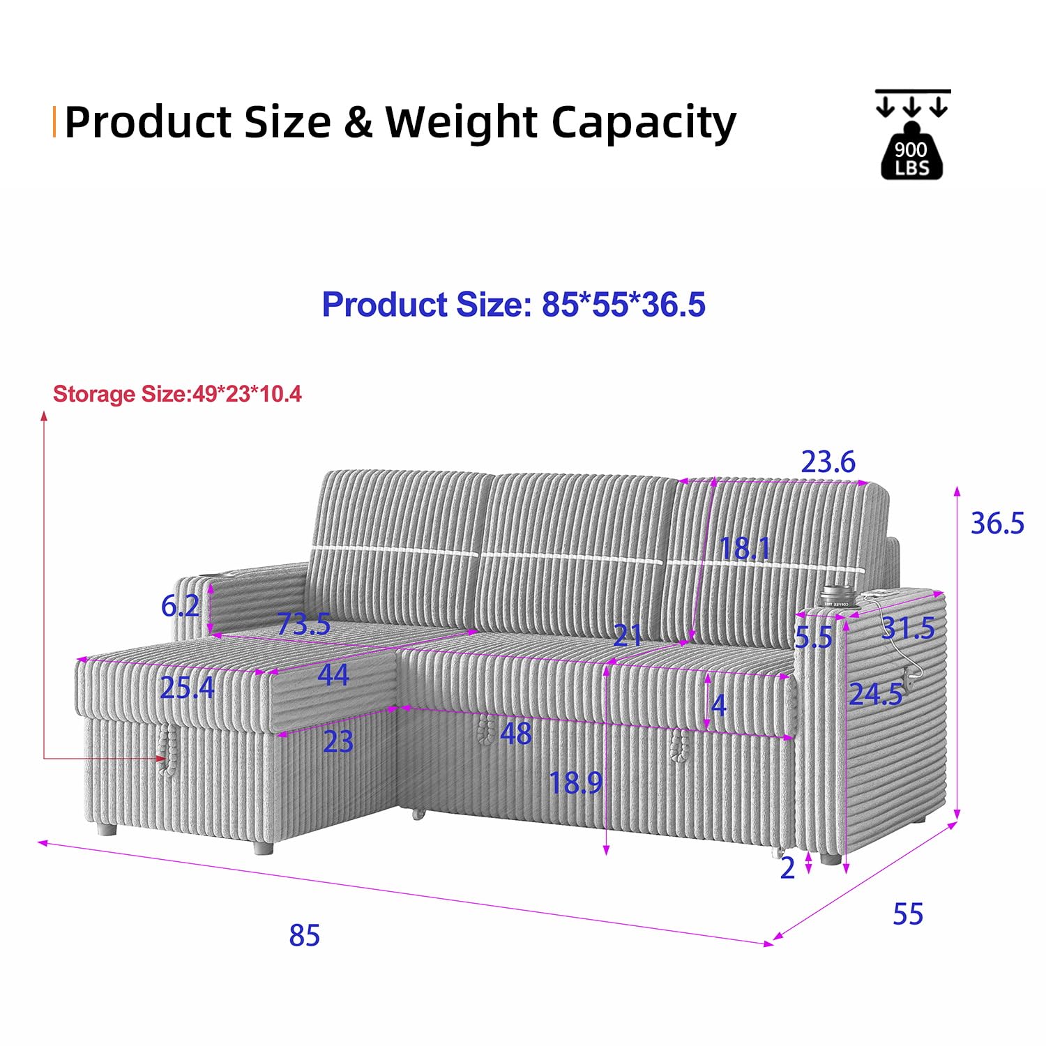 85"Sectional Sleeper Sofa bed,L Shaped Pull Out Couch Bed with USB Port and Cup Holders,Corduroy Modular Sofa with Storage Chaise,Small Couch for Living Room,Apartment,Office (Dark Grey)