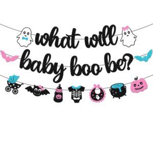 halloween gender reveal banner what will baby boo be banner halloween ghost bats theme boo-y or ghoul he or she blue or pink boy or girl gender reveal baby shower party supplies