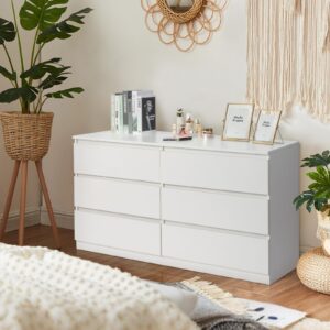 HOBBYZOO 6 Drawer White Dresser for Bedroom, Wood Dresser with Drawers, 55" Long Dresser with Drawers, Bedroom Furniture with Large Storage, Double Dresser Chest of Drawers