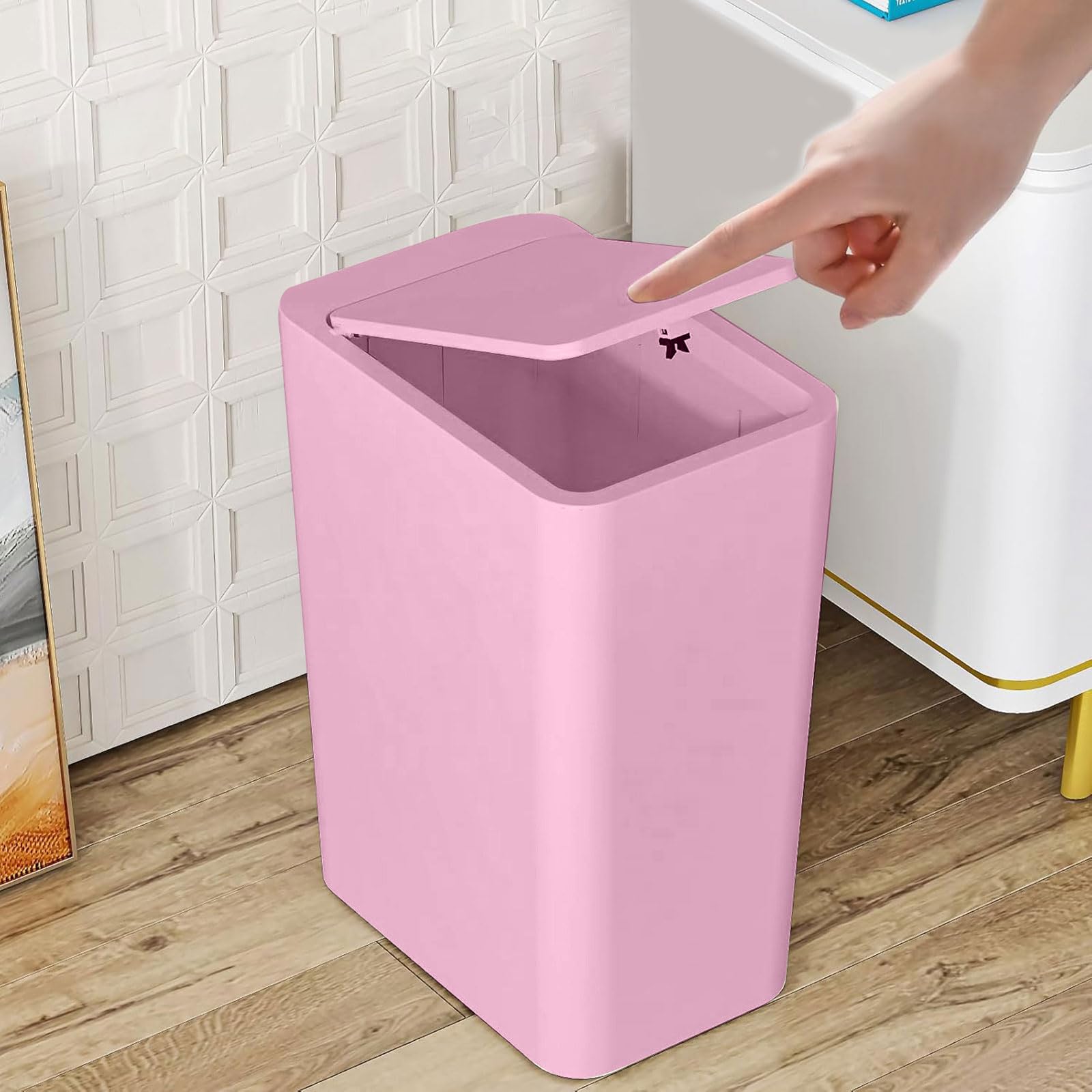 1.98 Gallon Bathroom Trash Can with Lid, 9 Liters Slim Garbage Can with Press Top, Dorm Room Small Trash Bin, Plastic Waste Basket for Bathroom, Office, Bedroom, Kitchen, Living Room, Laundry (Pink)