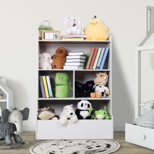 AMAMIA Kids Bookshelf, 4-Tier Storage Bookcase, Large Wooden Open Kids Bookshelf and Toy Storage for Playroom, Bedroom, Reading Nook, Toddler's Room, Nursery, White White