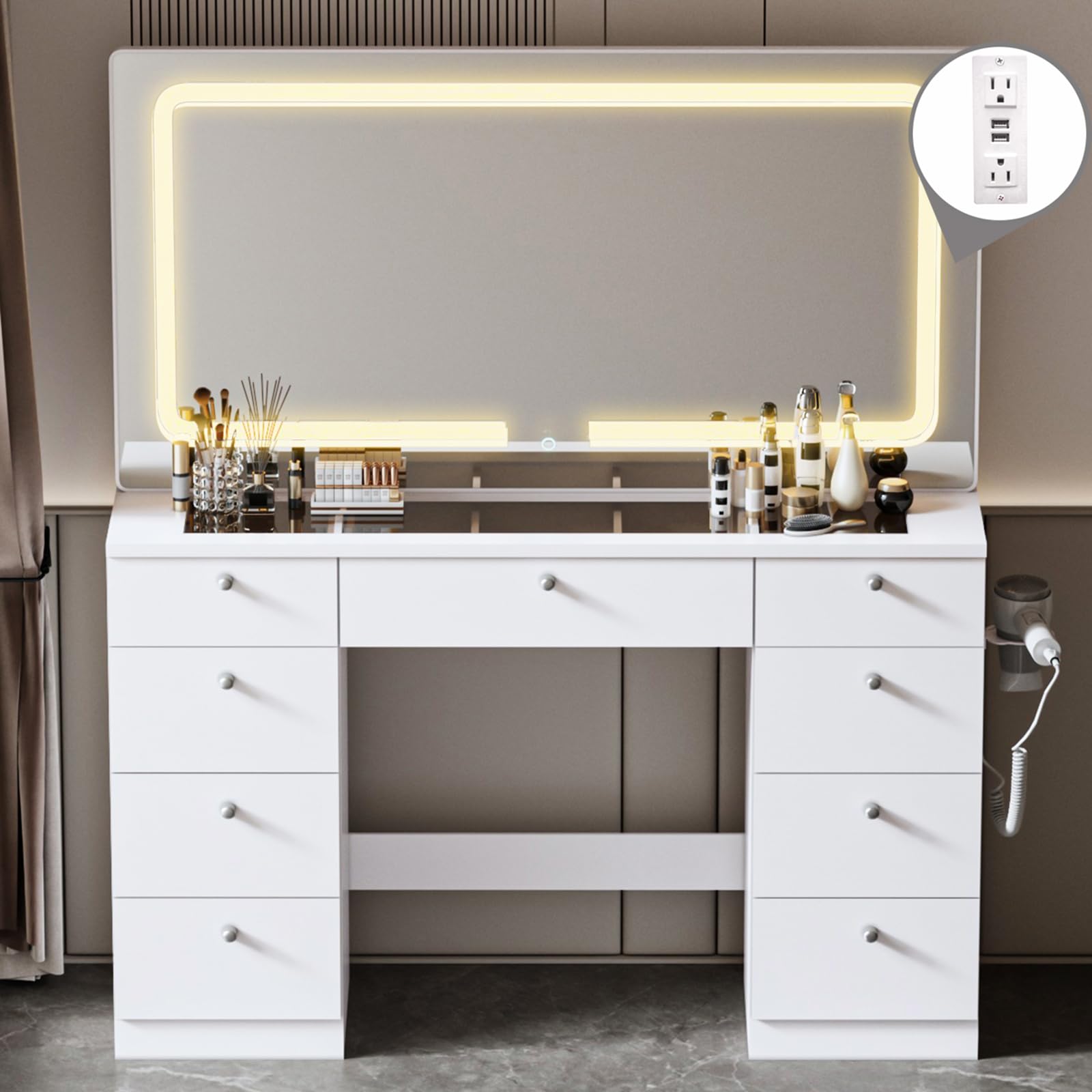 JassmiPkwy Makeup Vanity Desk with Mirror - 46 INCH Glass Tabletop Vanity Table with Lights, Drawers, Power Outlet, Large Storage Desk for Bedroom, White