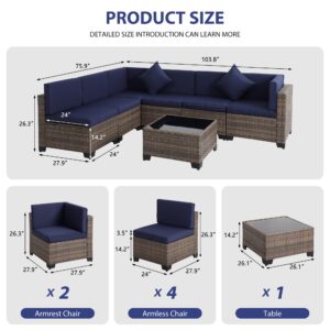 YOCONYO 7 Pieces Patio Furniture Set, Outdoor Furniture Patio Conversation Set, All Weather Rattan Wicker Couch, Sectional Sofa with Cushions and Glass Table for Garden, Backyard, Poolside, Brown-Navy