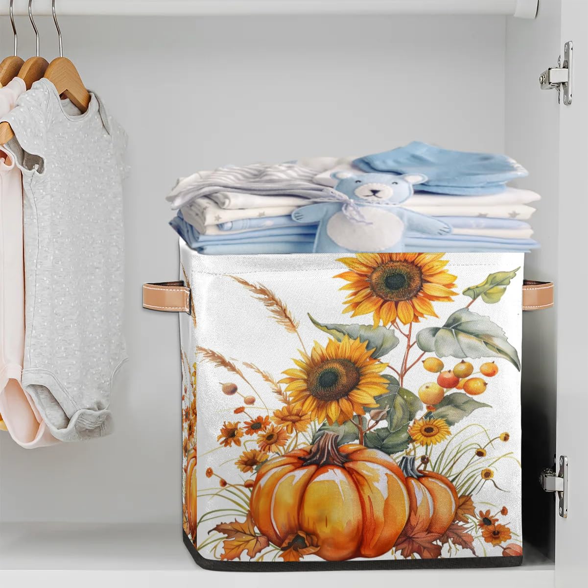 Tablerazzi Fall Pumpkin Simple Cube Storage Bin, 13 Inch Collapsible Fabric Storage Cube Bin, Foldable Cube Baskets for Shelf, Closet, Organizer