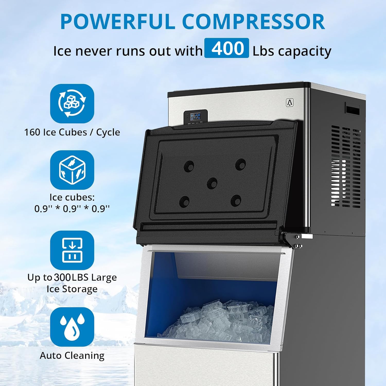 Agrestem Commercial Ice Maker Machine 350LBS/24H, Industrial Ice Mchine with 240LBS Large Storage Bin, Freestanding, Upgraded Compressor, Stainless Steel Large Ice Maker for Commercial/Restaurant/Bar