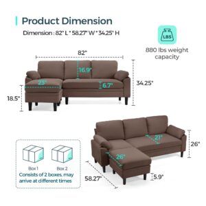 LINSY HOME 82" Reversible Sectional Sofa Couch, 3 Seater L -Shaped Sofa with Ottoman, Sectional Couch with Storage Bag and Sleepable Armrest for Living Room, Brown