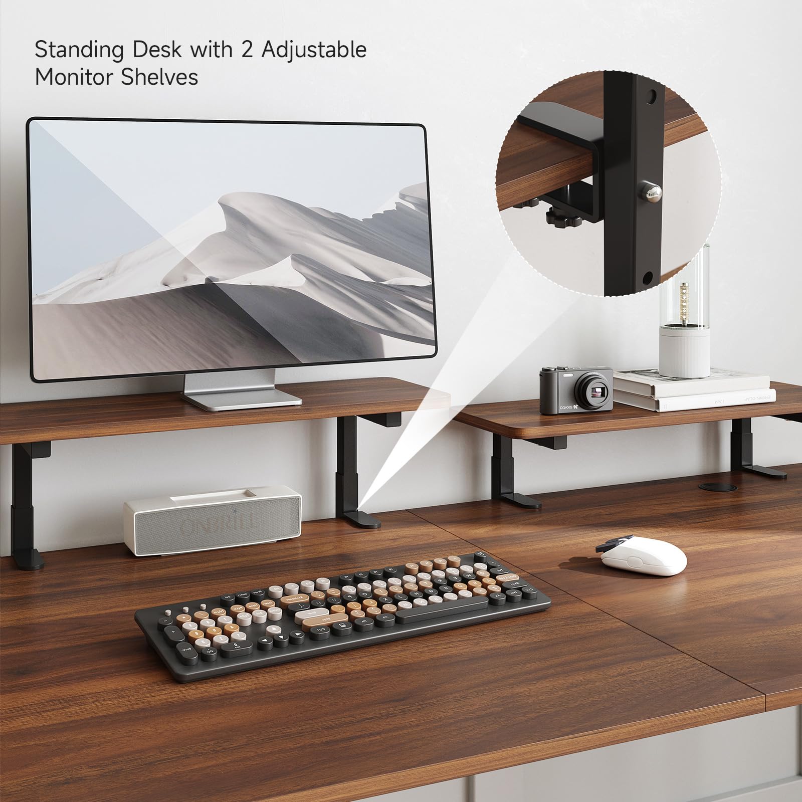 ONBRILL Standing Desk with 2 Adjustable Monitor Shelves, 47 x 24 Inches Electric Stand Up Desk with Memory Controller and Adjustable Height from 28-46 inches for Computer Workstations Brown