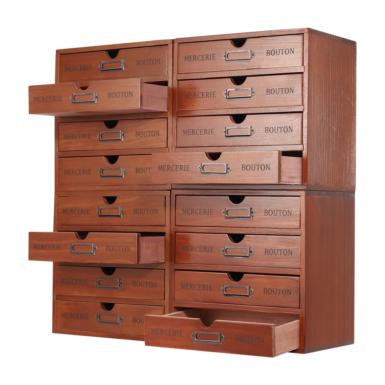 16 Drawer Wooden Storage Box (19.6”x6.89”x19.6”) Cabinet in Walnut Wood Wooden Desk Drawer Unit w/Label Holders & Handles for Living Rooms, Bedrooms, Offices