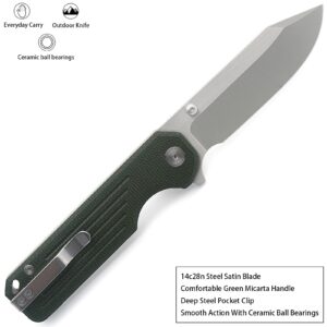 A Ameight · Knives Gladiator Flipper Folding Knife 3.75" Satin 14C28N Blade Green Micarta Handle With Deep Pocket Clip Camping Hiking Pocket Knife AM8-503MGN