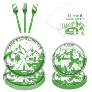 refavor camp bachelorette party decorations - 96pcs camping bachelorette plates and napkins forks disposable mountain camp tableware set bachelorette bridal shower engagement party supplies serve 24