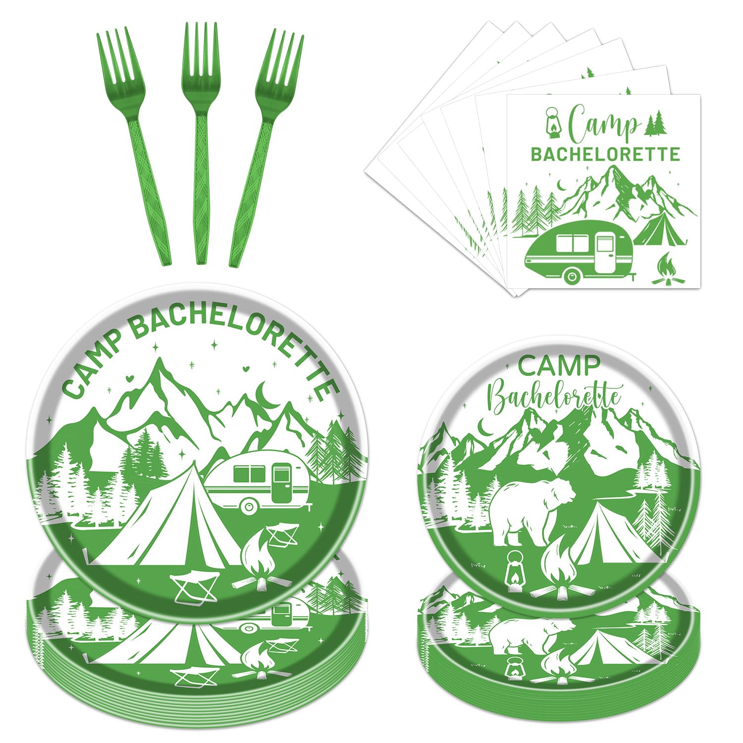 Refavor Camp Bachelorette Party Decorations - 96PCS Camping Bachelorette Plates and Napkins Forks Disposable Mountain Camp Tableware Set Bachelorette Bridal Shower Engagement Party Supplies Serve 24