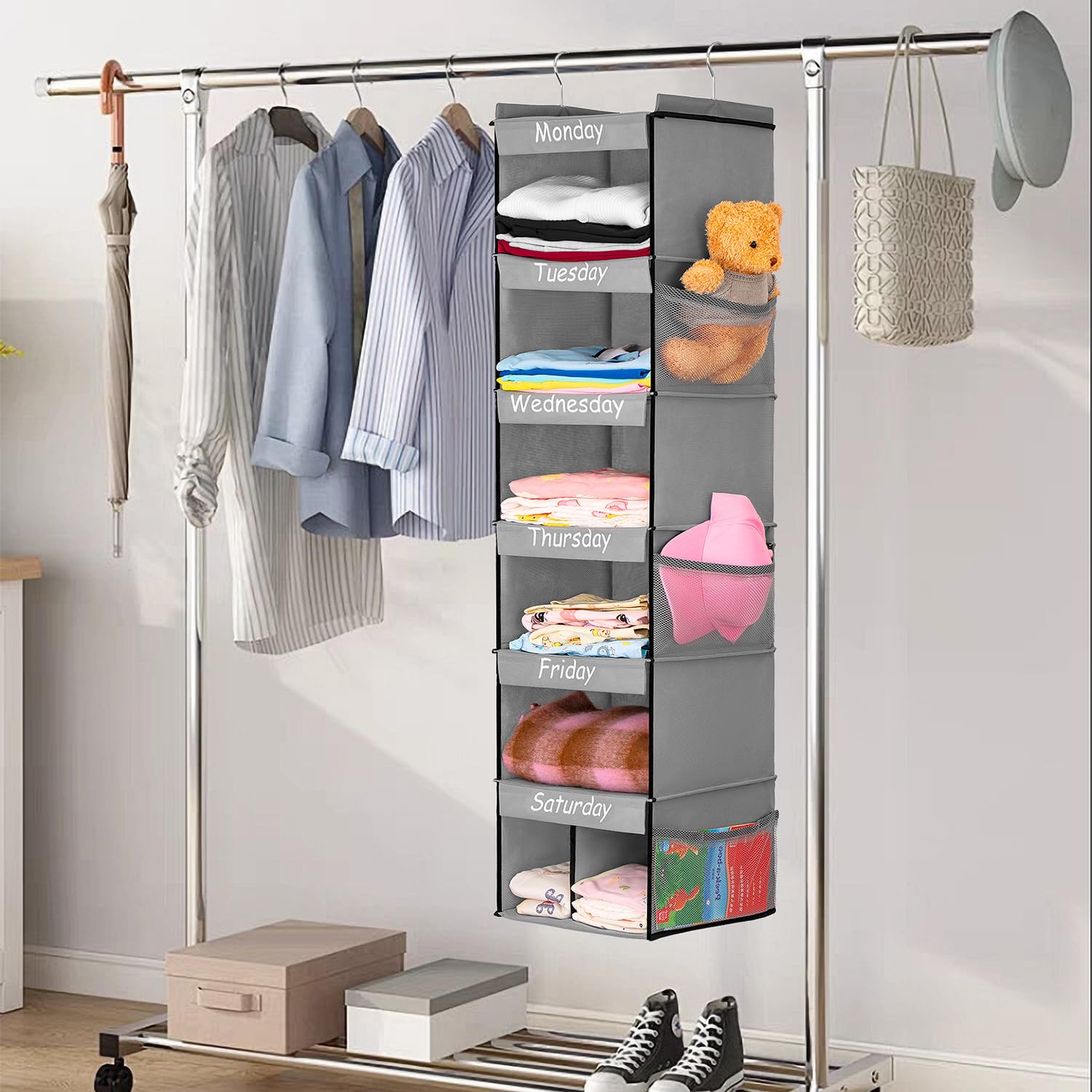 TEMUORG Weekly School Clothes Organizer Days of Week Clothing Organization for Kids Hanging Closet Shelf Storage with Monday to Saturday Layers (Rod Hanging)