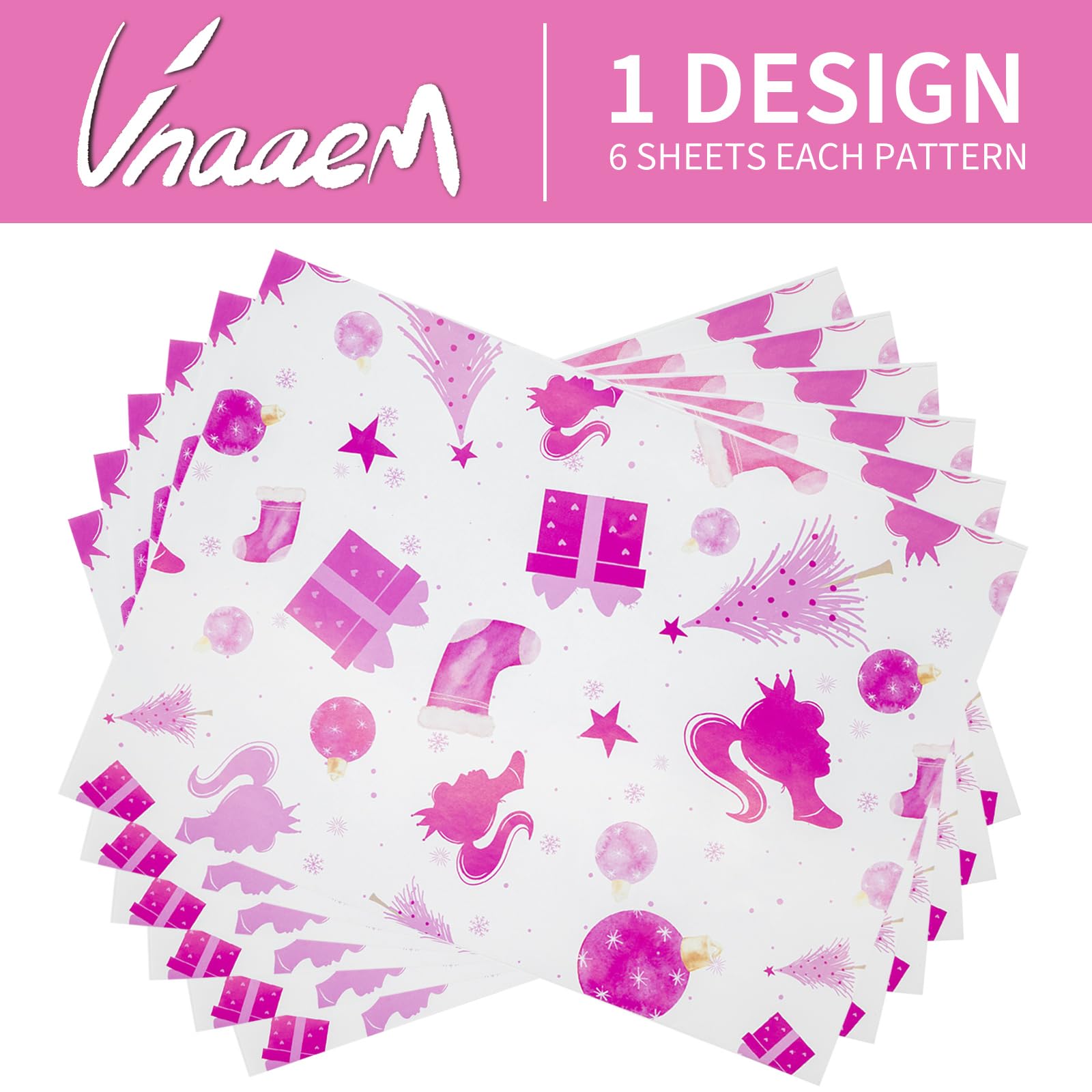 Vnaaem Pink Christmas Wrapping Paper for Girls Kids - Princess Christmas Tree Stocking Gift Design Cute Xmas Gift Wrap for Holiday Party Baby Shower Wedding Winter Birthday, 19.6 X 27.8Inch Per Sheet(6 Sheets)