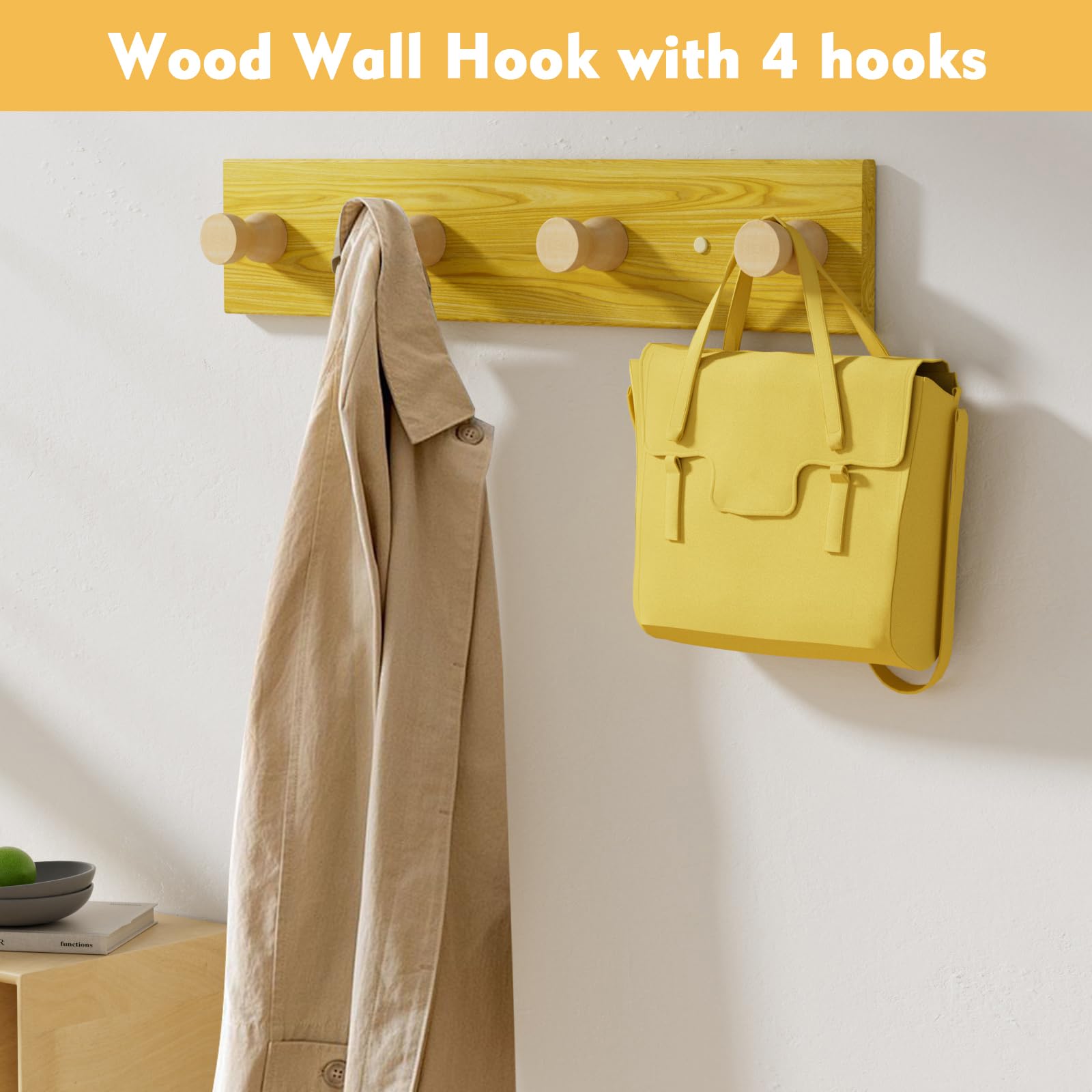 KZTUPJ Wooden Coat Hooks with 4 Hooks, Natural Wood Coat Rack Wall Mount, Decorative Coat Rack, Entryway Wall Hooks for Hanging Coats