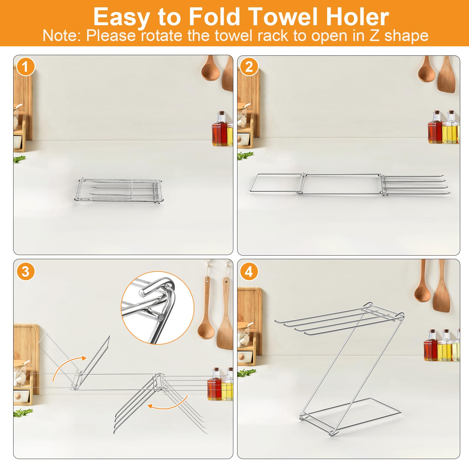 Kitchen Towel Holder Stand, 4-Arm Dish Towel Holder Countertop Hand Towel Holder for Bathroom, Free Standing Hand Towel Stand Washcloth Dish Cloth Drying Rack, Z-Shaped Folding Hanging Towel Bar Stand