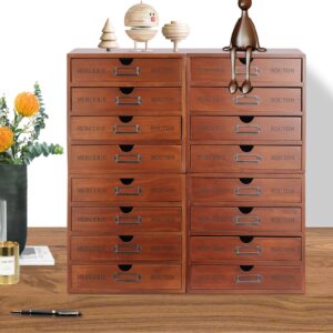 16 Drawer Wooden Storage Box (19.6”x6.89”x19.6”) Cabinet in Walnut Wood Wooden Desk Drawer Unit w/Label Holders & Handles for Living Rooms, Bedrooms, Offices