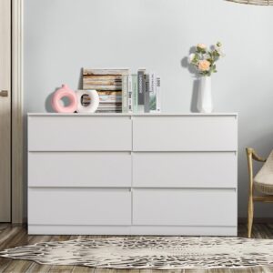 HOBBYZOO 6 Drawer White Dresser for Bedroom, Wood Dresser with Drawers, 55" Long Dresser with Drawers, Bedroom Furniture with Large Storage, Double Dresser Chest of Drawers