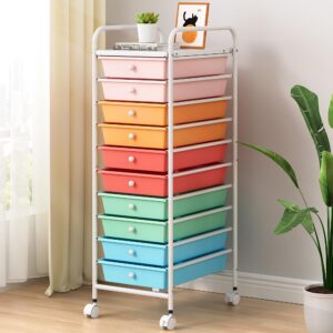 rolling storage cart with 10 drawers, drawer cart with all-metal frame & lockable wheels, organizer utility cart with handle for crafts, school teacher, home, office, classroom, macaron color