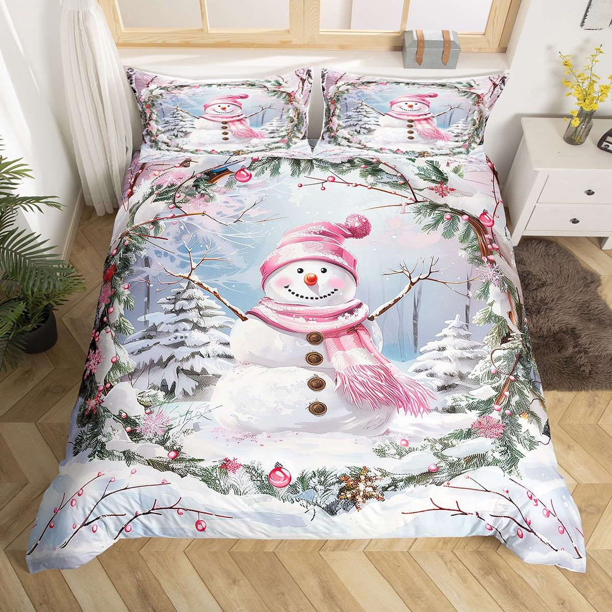 Cute Snowman Duvet Cover Queen Size,Pink Scarf Hat Comforter Cover with 2 Pillowcase for Teens Adults,Kids Merry Christmas Bedding Set,Pine and Snow Breathable 3 Pcs Decorative Bed Cover(No Comforter)