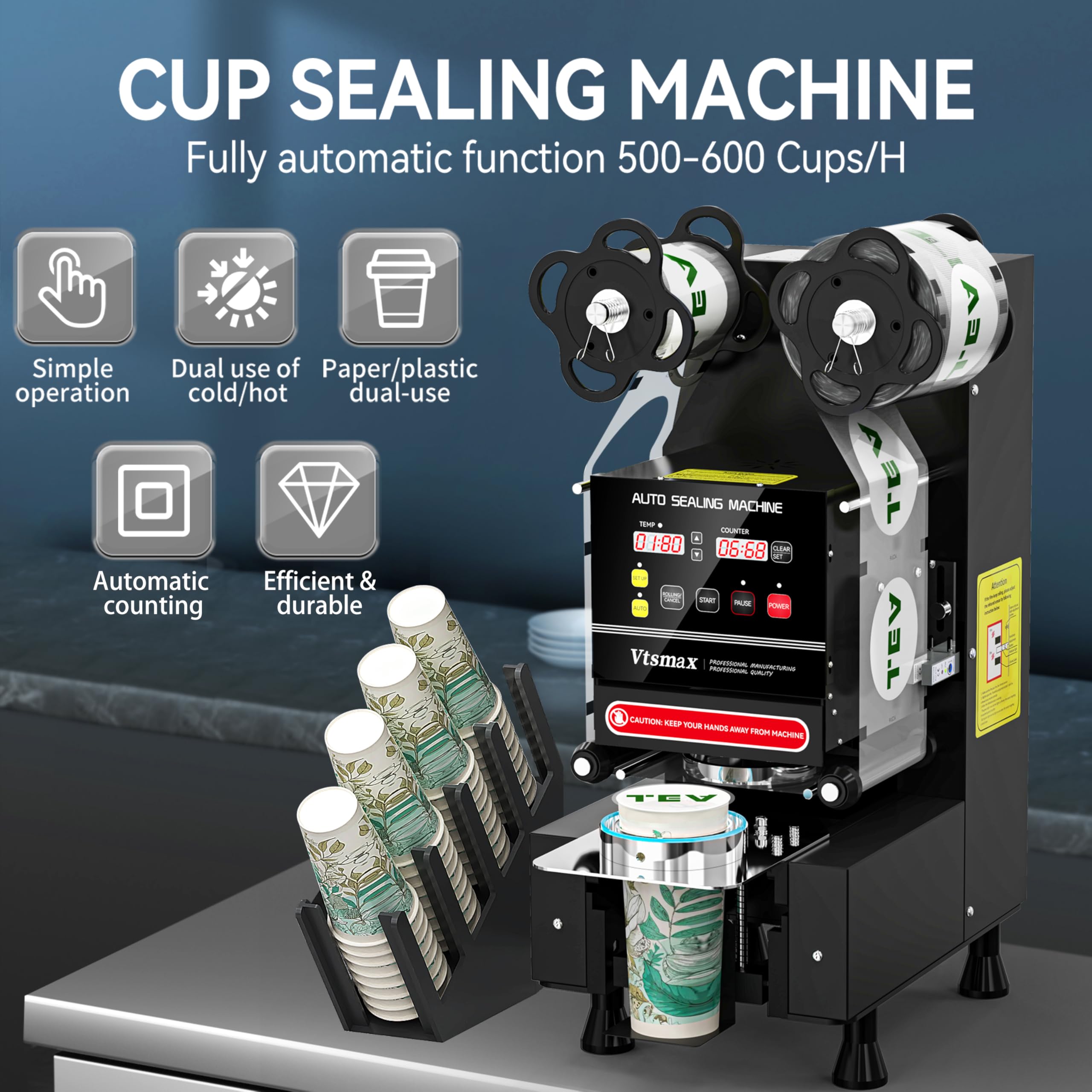 Vtsmax Cup Sealer Machine 90/95mm Cup Sealing Machine 500-600 Cups/H Bubble Tea Sealing Machine with Automatic Counting LCD Panel for Bubble Milk Tea Juice Coffee Black