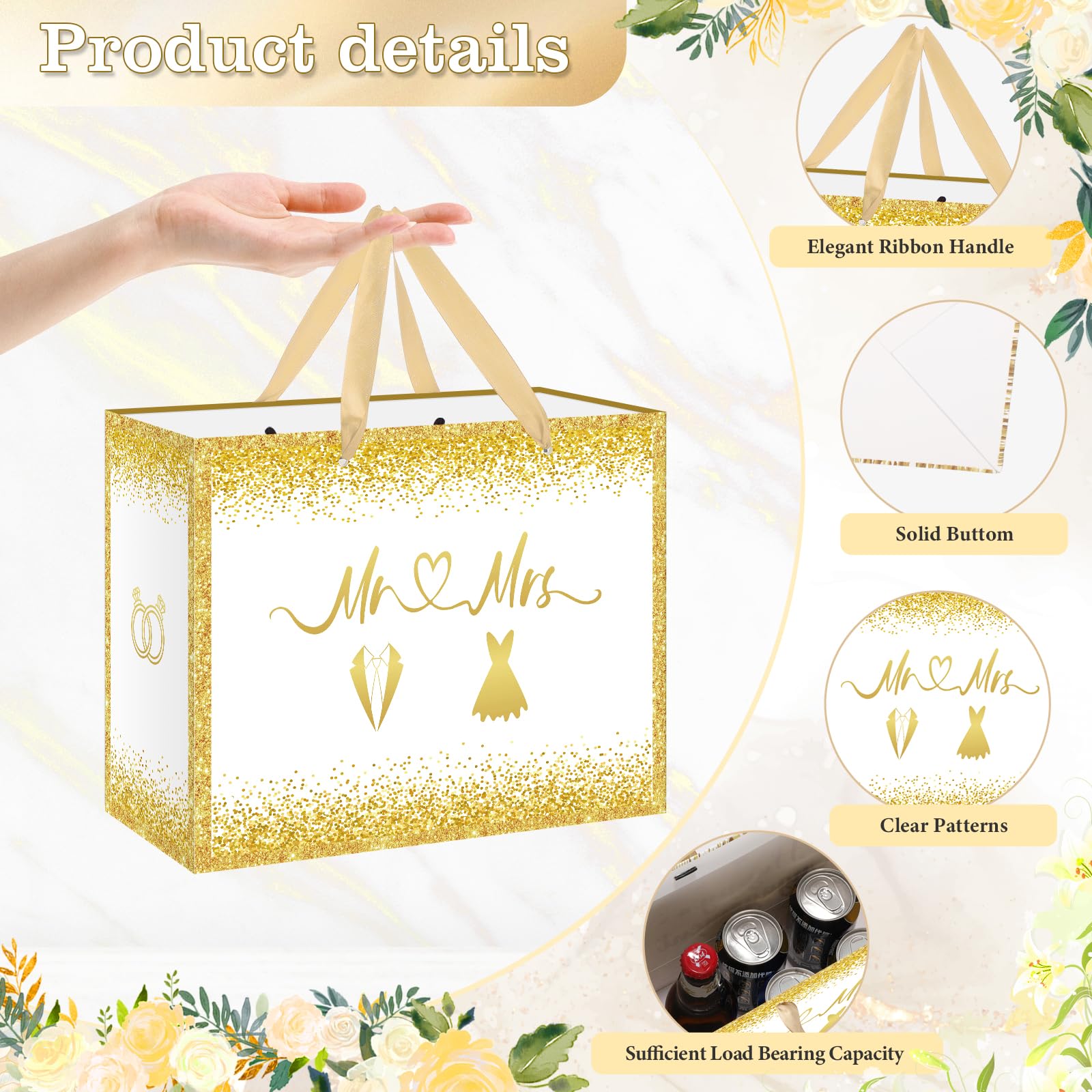 Wedding Gift Bag Bridal Shower Gift Bags Bride Gift Bag large Mrs and Mr Gift Bag White Gold Wrapping Paper Bag with Tissue Paper Card Bridal Anniversary Wedding Engagement Shower Gift Bag for Couple