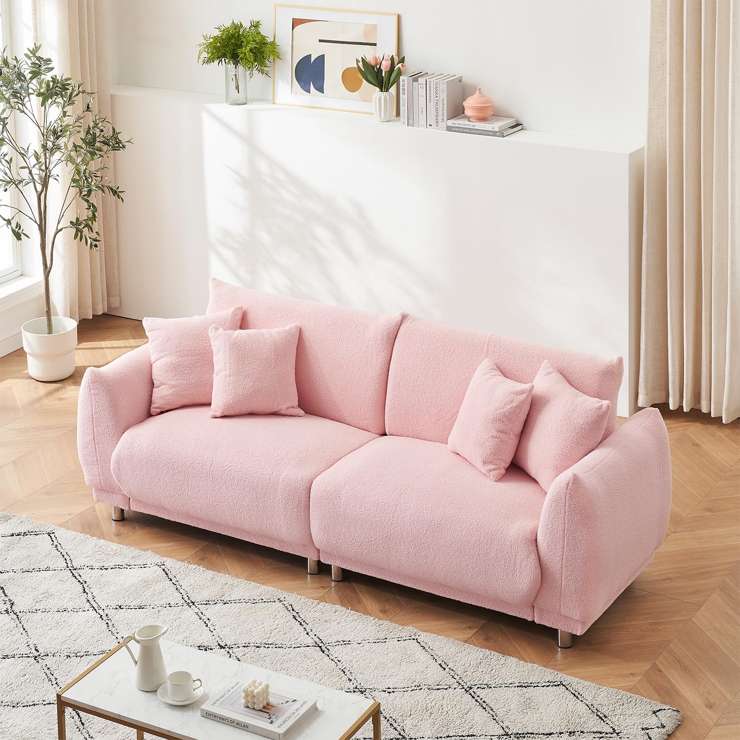 YCDIPING Comfy Teddy Wool Sofa Set with 4 Throw Pillows & Metal Legs 86.6" Apartment Size 4 Colour Choices Cozy Sitting (Pink)