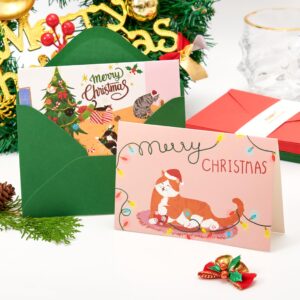 Crisky Cat Merry Christmas Cards with Envelopes & Matching Stickers 25 Pack Merry Chrismas Cards with Envelopes Cat Themed Gold Foil Thank You cards