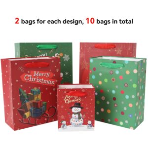 10-Pack Red Green Christmas Gift Bags Assorted Sizes with Handles(4 Large 13”, 4 Medium 10.6”, 2 Small 6.7”) Santa Claus, Snowman, Gift cart, Trees and Snowflake for Gifts, Decorations, Holiday Birthday, And Parties, 10 Pcs