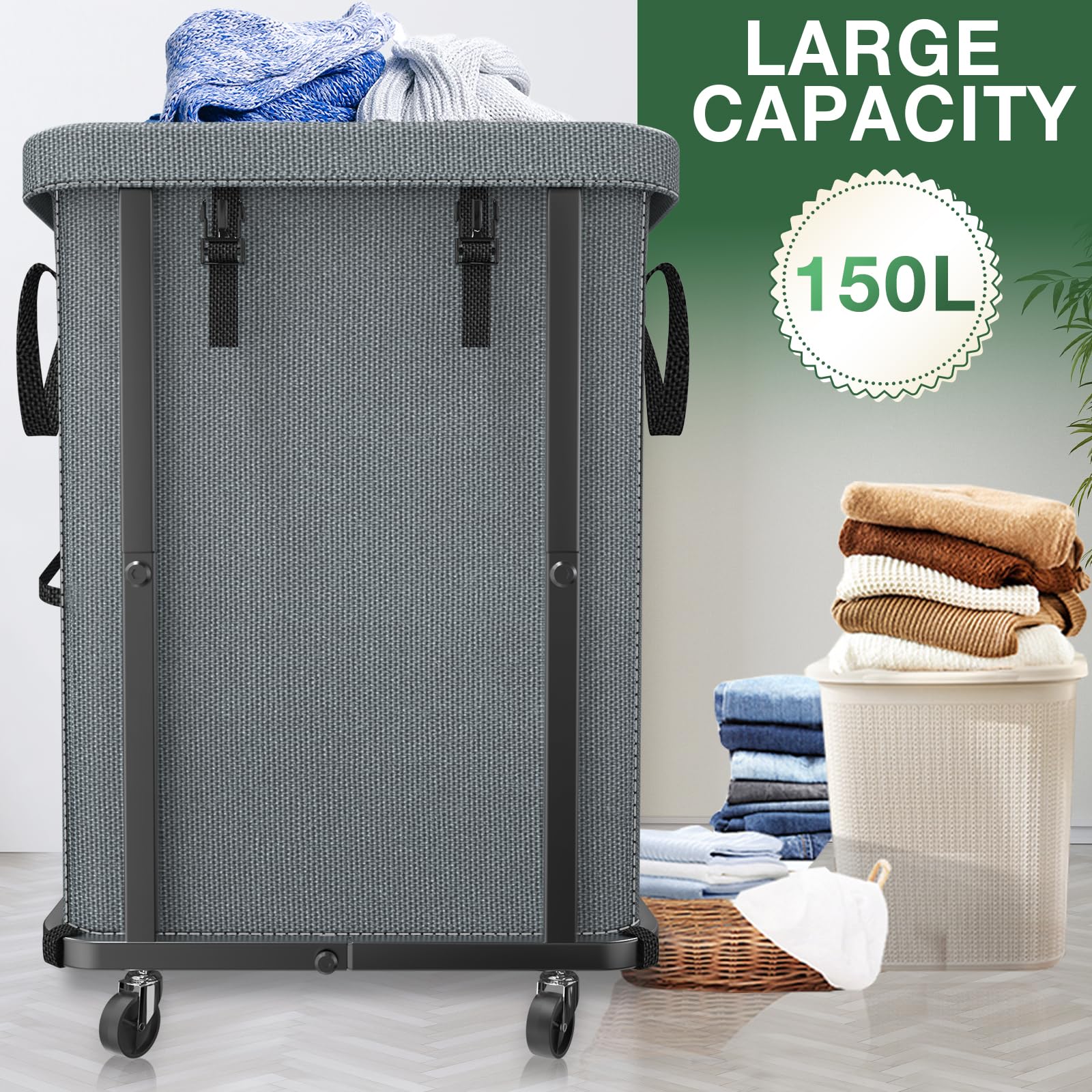 40 Gal(150L) High Grade Large Laundry Basket with Wheels, Rolling Laundry Hamper, Laundry Cart with Metal Frame and Removable Bag Design, Suitable for Laundry Room, Bedroom, Dorm Room (Grey, 150L)