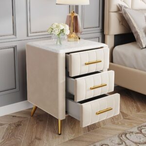 Merax Nightstand with Drawers Set of 2, Upholstered Wood Bedside End Table with Marbling Top, Beige