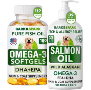 bark&spark omega 3 for dogs bundle - anti-itch skin + skin allergy - omega 3 fish oil + epa & dha fatty acids - itching & paw licking + itch relief - 180 softgels + 32oz - made in usa