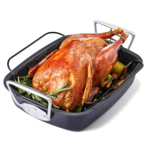 hongbake nonstick turkey roasting pan with rack - 18.7×13.6 inch extra large roaster pan for 25 lb chicken, deep turkey tray for oven, u-shaped rack, wider handles, heavy duty, non toxic, grey