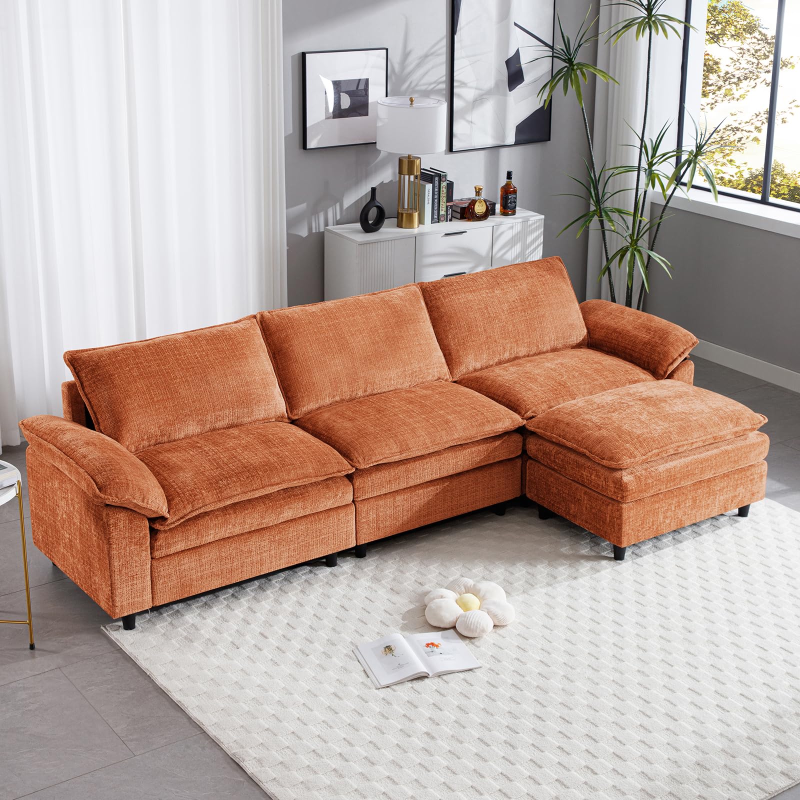 KIVENJAJA Modular Cloud Sectional Couch, Chenille L Shaped Sectional Sofa with Ottoman, Modern Comfy 4 Seater Sofas for Living Room Apartment Office, 113.5”W, Orange