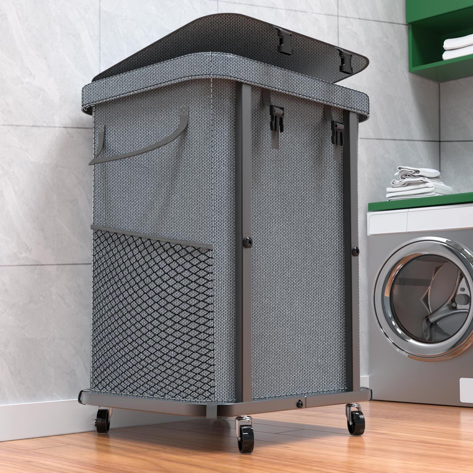 40 Gal(150L) High Grade Large Laundry Basket with Wheels, Rolling Laundry Hamper, Laundry Cart with Metal Frame and Removable Bag Design, Suitable for Laundry Room, Bedroom, Dorm Room (Grey, 150L)