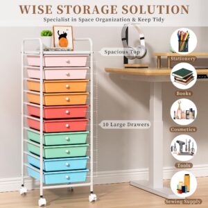 Rolling Storage Cart with 10 Drawers, Drawer Cart with All-Metal Frame & Lockable Wheels, Organizer Utility Cart with Handle for Crafts, School Teacher, Home, Office, Classroom, Macaron Color