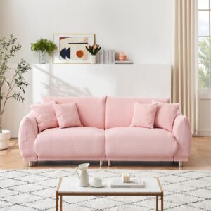 YCDIPING Comfy Teddy Wool Sofa Set with 4 Throw Pillows & Metal Legs 86.6" Apartment Size 4 Colour Choices Cozy Sitting (Pink)