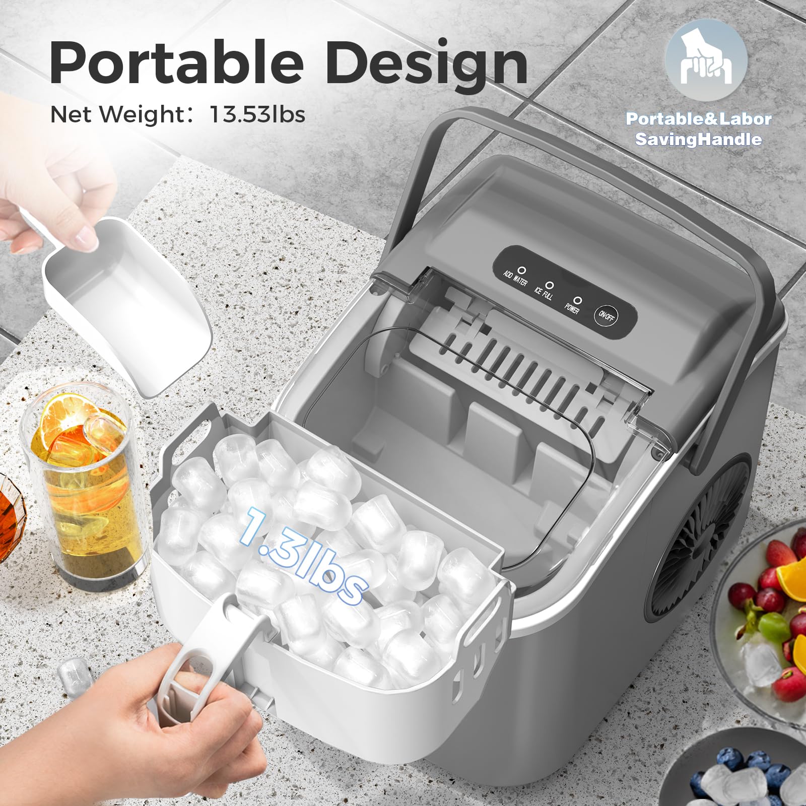 Ice Maker Countertop Portable Compact Small Mini Bullet Ice Machine with Self-Cleaning,9 Bullet Ice Cubes in 6 Mins,26Lbs/24H, Bullet Ice Maker with Scoop and Basket for Home Indoor Outdoor Camping