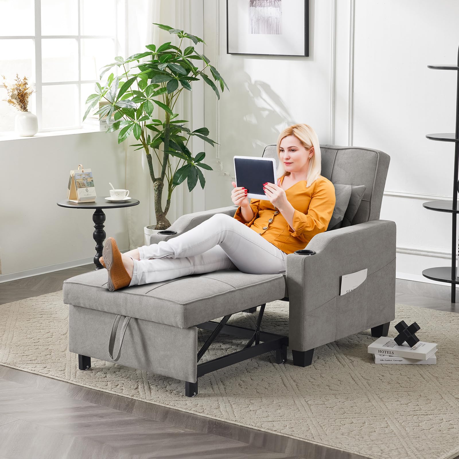 VINGLI Convertible Sleeper Chair 3-in-1 Sofa Bed Light Gray, Pull Out Couch Sleeper Sofa Recliner with USB Ports, Cup Holders, Side Pockets for Small Space Living Room, Bedroom