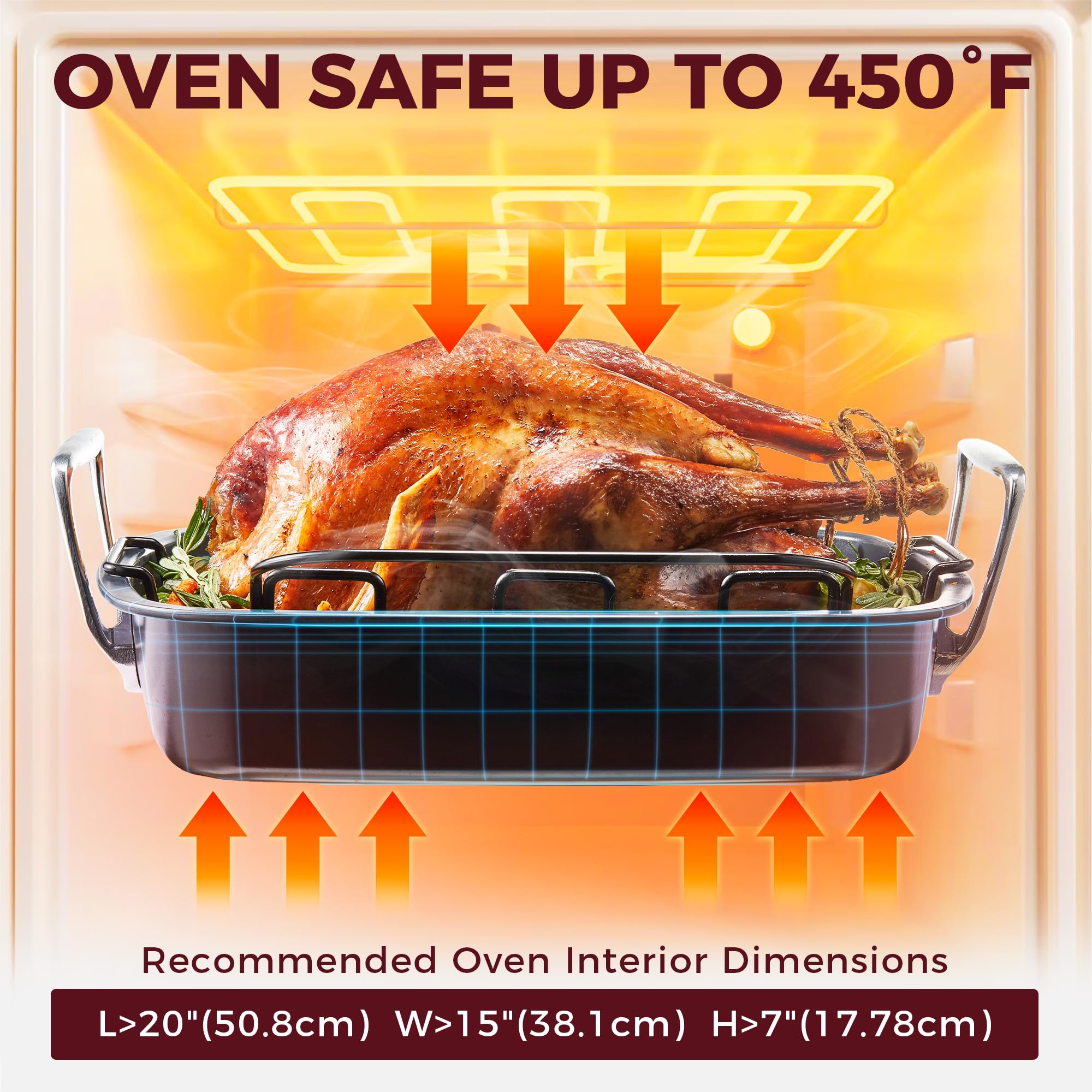 HONGBAKE Nonstick Turkey Roasting Pan with Rack - 18.7×13.6 Inch Extra Large Roaster Pan for 25 lb Chicken, Deep Turkey Tray for Oven, U-Shaped Rack, Wider Handles, Heavy Duty, Non Toxic, Grey