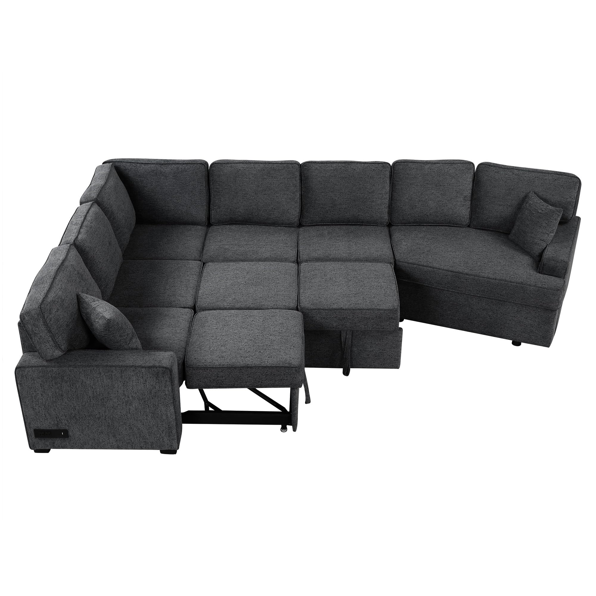 P PURLOVE L-Shaped Sectional Sofa with Cup Holders, Chenille L-Shaped Couch Pull-Out Sofa Bed with Charging Devices for Living Room (Blue Black)