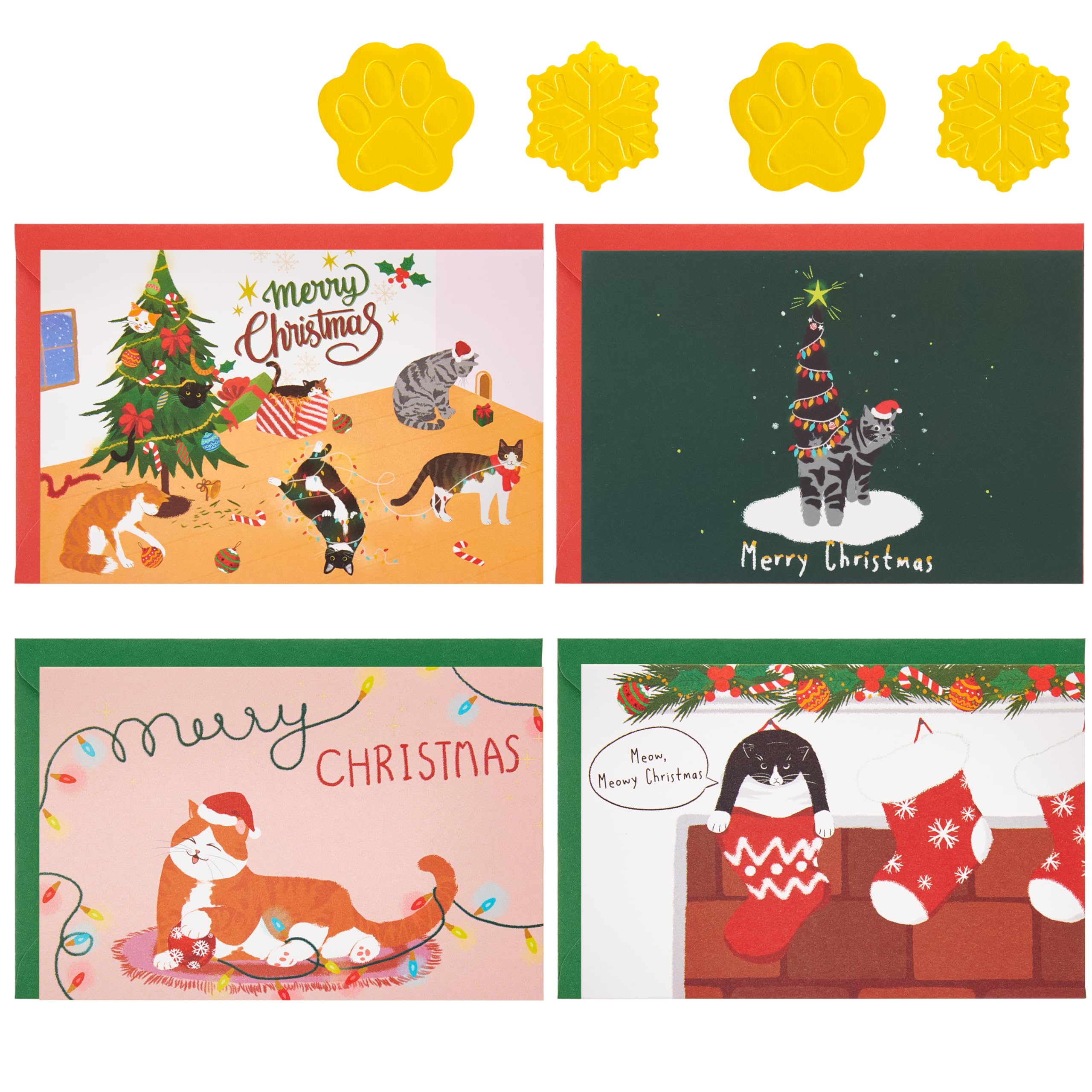 Crisky Cat Merry Christmas Cards with Envelopes & Matching Stickers 25 Pack Merry Chrismas Cards with Envelopes Cat Themed Gold Foil Thank You cards