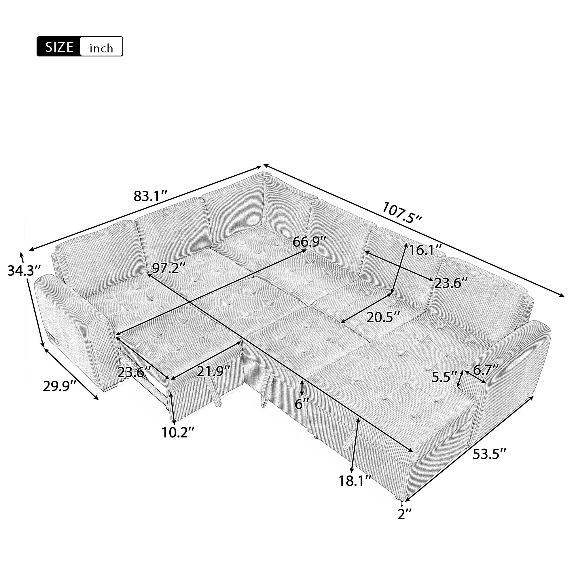 Merax 107.5" Sectional Sleeper Sofa with Pull Out Bed, Storage Chaise & Charging Devices, Corduroy 5 Seat Oversized U-Shaped Cloud Couch Set, Convertible Sofabed for Living Room and Apartment, Beige