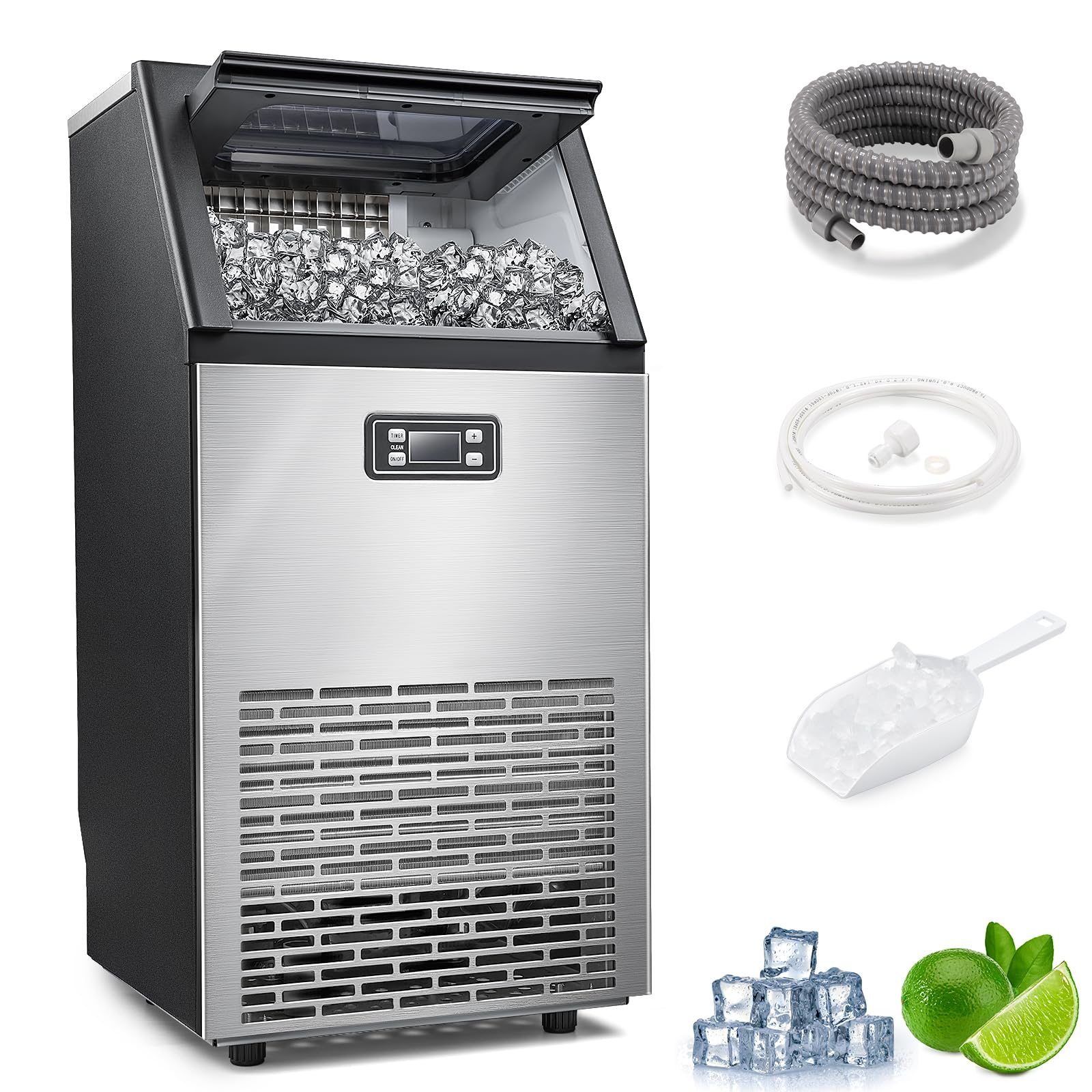 ZAFRO Commercial Ice Maker Machine, 100lbs/24H Under Counter Ice Machin with 33lbs Ice Bin, Stainless Steel Freestanding Ice Maker for Restaurant/Bar/Home/Cafe/Office