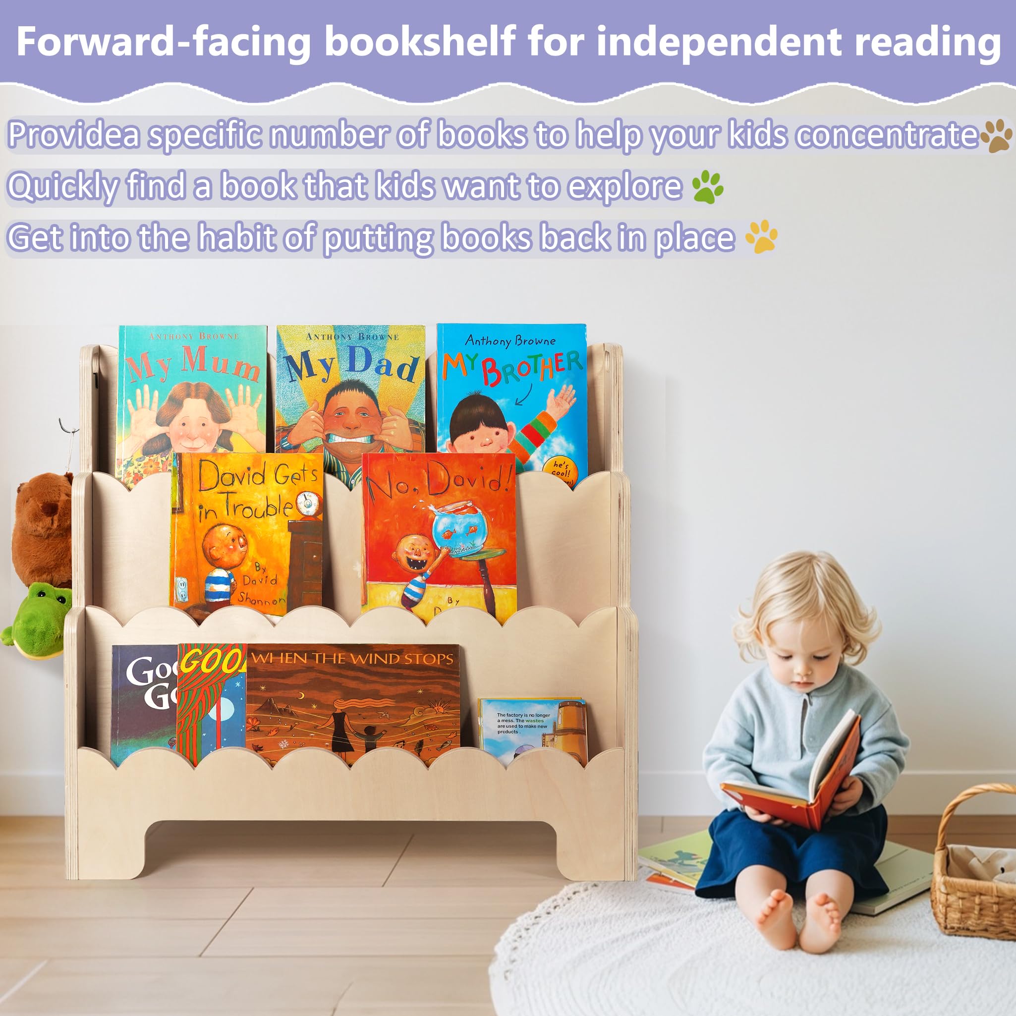 Tohiasen Kids Bookshelf Wooden 3-Tier, Scalloped Book Shelf for Kids Rooms, Front Facing Toddler Montessori Bookshelf, Baby Nursery Book Shelves Kids Classroom Bookshelf Bookcase