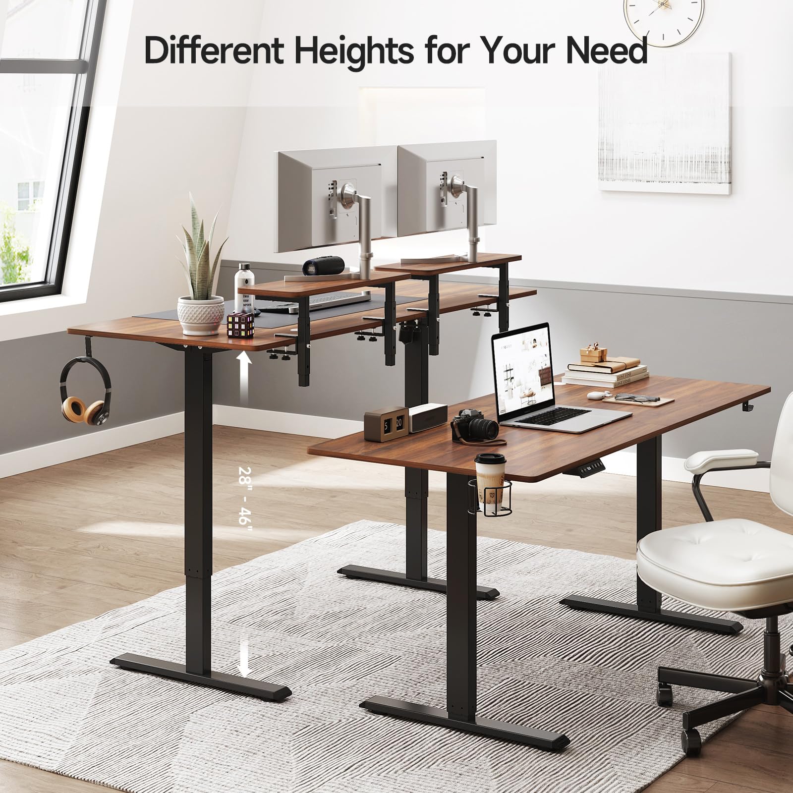 ONBRILL Standing Desk with 2 Adjustable Monitor Shelves, 47 x 24 Inches Electric Stand Up Desk with Memory Controller and Adjustable Height from 28-46 inches for Computer Workstations Brown