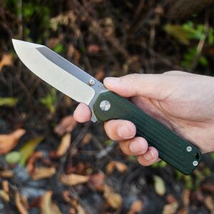 A Ameight · Knives Gladiator Flipper Folding Knife 3.75" Satin 14C28N Blade Green Micarta Handle With Deep Pocket Clip Camping Hiking Pocket Knife AM8-503MGN