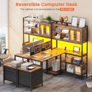 UPOSOJA L Shaped Computer Desk, 69.7in Gaming Desk with Hutch, Home Office Desk with Power Outlet, Bookshelf Led Strip File Cabinet Printer Rack (Brown, 1 Hutch)